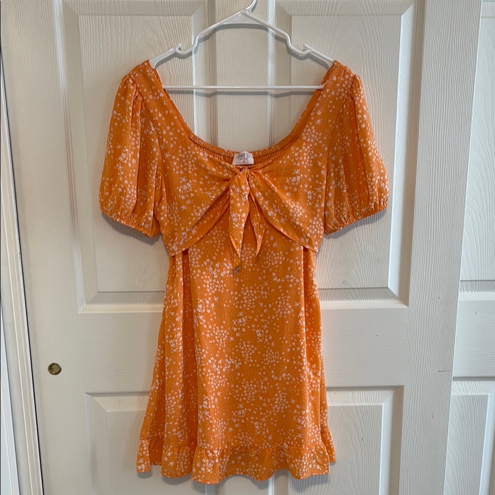 Orange Babydoll Mini Dress with Puff Sleeves